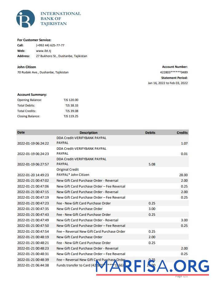 Downloadable Tajikistan ITB bank statement excel real example